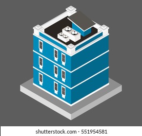 Vector illustration isolated on white background. Isometric icon representing modern house. Urban dwelling Building with a windows and air-conditioning