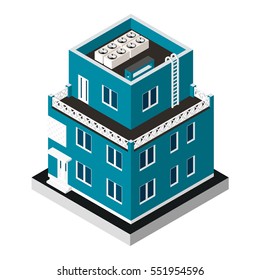 Vector illustration isolated on white background. Isometric icon representing modern house. Urban dwelling Building with a windows and air-conditioning