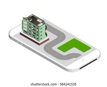 Vector illustration isolated on white background. Isometric icon representing modern house. Urban dwelling Building with a windows and air-conditioning