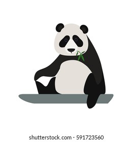 The vector illustration of isolated on white panda sitting and eating a green plant. 