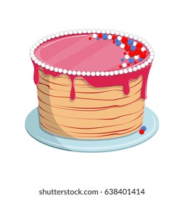 Vector illustration. Isolated on white background. Sweet biscuit cake with glaze for birthday or wedding holiday, party. 