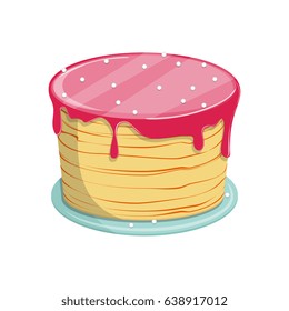 Vector illustration. Isolated on white background. Sweet biscuit cake with glaze for birthday or wedding holiday, party. 