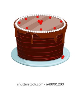 Vector illustration. Isolated on white background. Sweet biscuit cake with glaze for birthday or wedding holiday, party. 