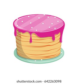 Vector illustration. Isolated on white background. Sweet biscuit cake with glaze for birthday or wedding holiday, party. 