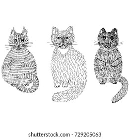 Vector illustration isolated on white background, hand drawn sketch style cats.