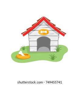 Vector illustration isolated on white background funny house for dog on green lawn with bowl for eating.