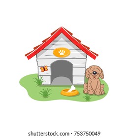 Vector illustration isolated on white background funny house for dog, puppy on green lawn with bowl for eating.