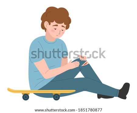 vector illustration isolated on white background. boy fallen off skateboard and got leg injury. Kid sitting on the ground and holding aching knee, teenager lost control and fall down, suffers pain