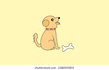 Vector illustration isolated on yellow background. Little dog sitting there barking. With a necklace around the neck. Packed with fresh bones.