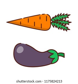 Vector illustration with isolated orange fresh carrot and eggplant on white background in flat cartoon style. Vegetables detox. Product from the garden. For diets, cooking breakfast, lunch, dinner