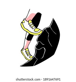 Vector illustration of isolated painted with feet, scrambling up the hill. Concept sports shoes for climbing.