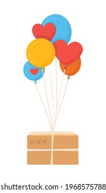 Vector illustration of an isolated parcel on beautiful holiday balloons. Quick and unusual delivery in the sky. Yellow box tied to balloons. 