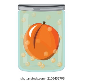 vector illustration isolated peach in a jar. healthy food promotion. canned peach in a jar with bubbles
