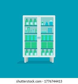 Ilustración vectorial de un gabinete de farmacia aislado. Mobiliario hospitalario y otros elementos del interior médico. 