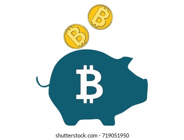 Vector illustration of an isolated piggy bank moneybox and Bitcoin coin symbol. Sate Internet money security. Crypto currency symbol and coin image. Blockchain based secure cryptocurrency