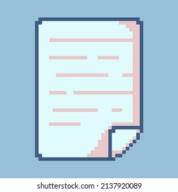 Vector illustration of an isolated pixel blue and pink document with a folded corner. Office paper sheet with text. 8 bit retro game art style symbol