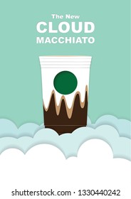 Vector illustration, isolated a plastic coffee cup on the the Cloud, Macchiato Coffee concept for online dessert and coffee business model poster design by using like paper cut out technique.