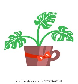 Vector illustration, isolated potted plant, flat style. Can be used as interior element, applicable for bright home decorations leaflets, hygge illustrations etc.