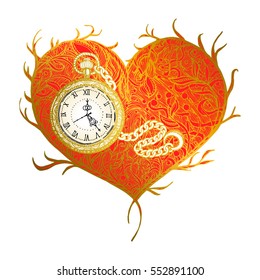 vector illustration isolated. Print T-shirt, souvenir, textiles. Symbol, clock, time, love. Handmade, beauty, vintage, modern, bohemian, fashion, heart, amour, old, gold, Valentine, shine, antique,