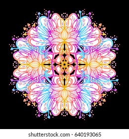 Vector illustration isolated. Print, T-shirt, fabric, mugs, cover. Acid, LSD, dmt, meditation, psychedelic, narcotic, nature, flowers, pattern. 60s, trippy. Abstraction, mandala, background, pattern.