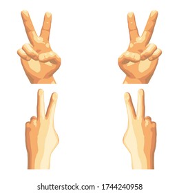 Vector Illustration.Set von isolierten realistischen Händen, die verschiedene Gesten, Zeichen oder Zahlen zeigen, von verschiedenen Seiten, von vorne und hinten gesehen.