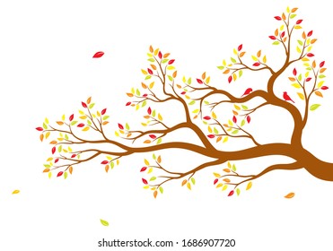 Dibujo vectorial de ramas de árbol aisladas y realistas con hojas coloridas y dos pájaros sobre fondo blanco. Etiqueta de pared.