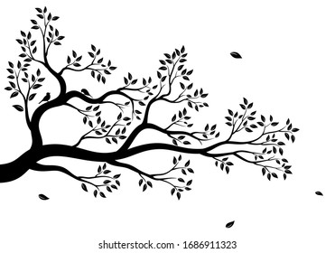 Vector illustration of isolated, realistic tree branch with leaves and two birds, in black color, on white background. Wall sticker. - Shutterstock ID 1686911323