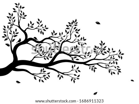 Vector illustration of isolated, realistic tree branch with leaves and two birds, in black color, on white background. Wall sticker.