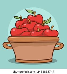 Vector illustration of isolated red apple in flat design, farming, harvest or serving concept, basket or bowl full of fruits and big red or green apples near it, harvest infographic elements.