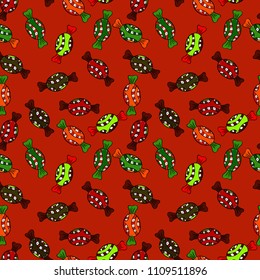 Vector illustration. Isolated. Red, black and green version. Cute and colorful candy sweet seamless pattern on red, black and green background.
