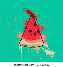 Vector illustration - isolated red slice of watermelon with a color spots