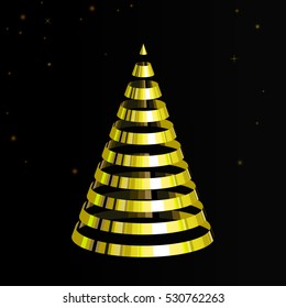 Vector illustration of isolated ribbon of gold Christmas tree on a black background. Icon with tree and star. Interior decorations for Christmas and New Year. Greeting card with snow for the holidays