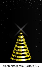 Vector illustration of isolated ribbon of gold Christmas tree on a black background. Icon with tree and star. Interior decorations for Christmas and New Year. Greeting card with snow for the holidays