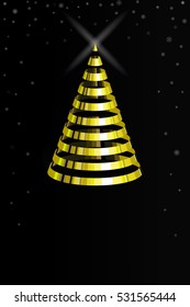Vector illustration of isolated ribbon of gold Christmas tree on a black background. Icon with tree and star. Interior decorations for Christmas and New Year. Greeting card with snow for the holidays