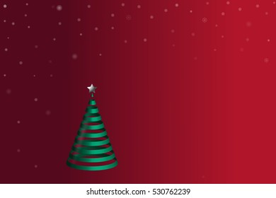 Vector illustration of isolated ribbon of green Christmas tree on a red background. Icon with tree and star. Interior decorations for Christmas and New Year. Greeting card with snow for the holidays