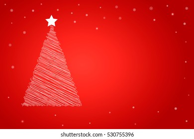 Vector illustration of isolated ribbon of white Christmas tree on a red background. Icon with tree and star. Interior decorations for Christmas and New Year. Greeting card with snow for the holidays