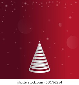 Vector illustration of isolated ribbon of white Christmas tree on a red background. Icon with tree and star. Interior decorations for Christmas and New Year. Greeting card with snow for the holidays