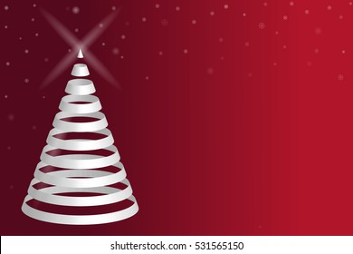 Vector illustration of isolated ribbon of white Christmas tree on a red background. Icon with tree and star. Interior decorations for Christmas and New Year. Greeting card with snow for the holidays