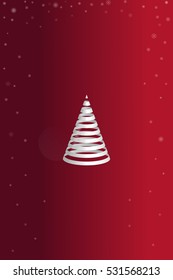 Vector illustration of isolated ribbon of white Christmas tree on a red background. Icon with tree and star. Interior decorations for Christmas and New Year. Greeting card with snow for the holidays