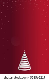 Vector illustration of isolated ribbon of white Christmas tree on a red background. Icon with tree and star. Interior decorations for Christmas and New Year. Greeting card with snow for the holidays