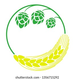 Vector illustration. Isolated round frame, wreath with a hop branch and barley on background. Decorative design element for beer menu, page and bottle decoration.