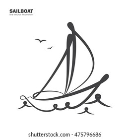 Vector illustration: Isolated sailboat on white background. Line design.