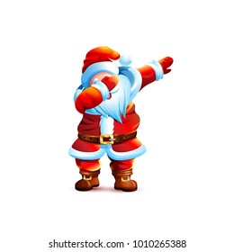 Vector illustration isolated Santa Claus Father Frost Christmas character dancing dab step fashionable hip hop pose meme design element for t-shirt for Happy New Year cartoon style white background