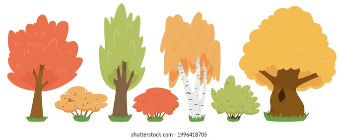 Vector illustration of isolated set of autumn trees and bushes on white background for decoration