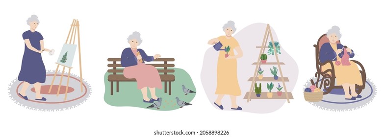 Vector illustration isolated set an elderly woman is engaged in a hobby, an elderly woman is knitted, feeds pigeons, draws, watering home plants
