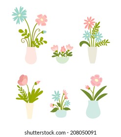  Vector illustration of isolated set of flowers in vases on white 