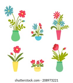  Vector illustration of isolated set of flowers in vases on white 