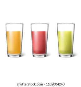 Vector Illustration. Isolated set of glasses with watermelon, orange and grape juice.