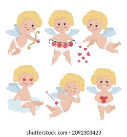 Vektorgrafik einzeln auf goldhaarige Cupide in verschiedenen Posen. Valentinstag und Hochzeitskonzept cupid Bogenschießen, auf einer Wolke sitzen, Liebe geben
