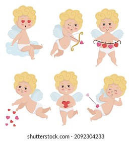 Vector illustration isolated set of golden-haired cupid in different poses. Valentine's day and wedding concept cupid archery, sitting on a cloud ,giving love
